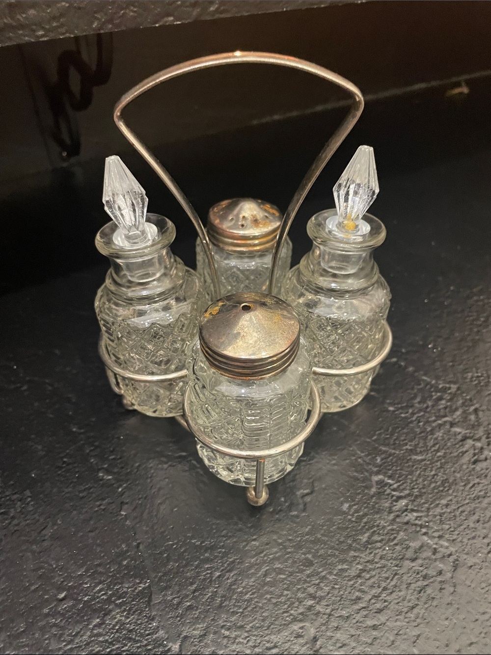 Vintage Glass Cruet Set with Etched Bottles and Metal Caddy - Clear